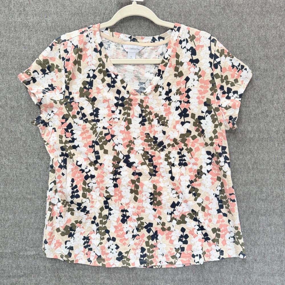 Liz Claiborne V-neck Top Women XL Multi Floral Cotton Slub Knit Short Sleeve Tee
